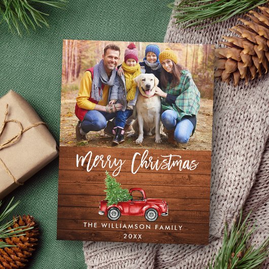 ウッドブラシ素朴スクリプトヴィンテージトラッククリスマス ポストカード