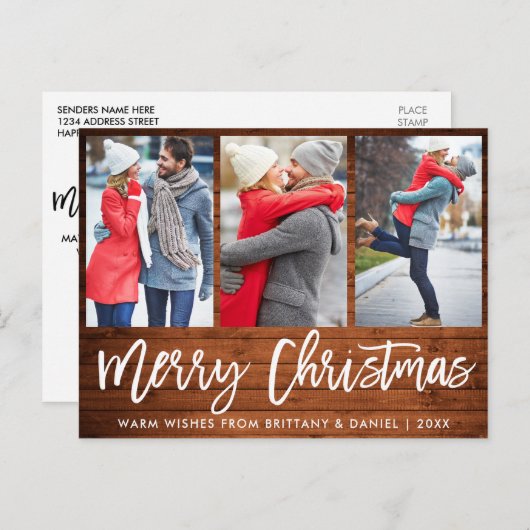 ウッドブラシ素朴スクリプト3フォトカップルのクリスマス ポストカード (正面/裏面)