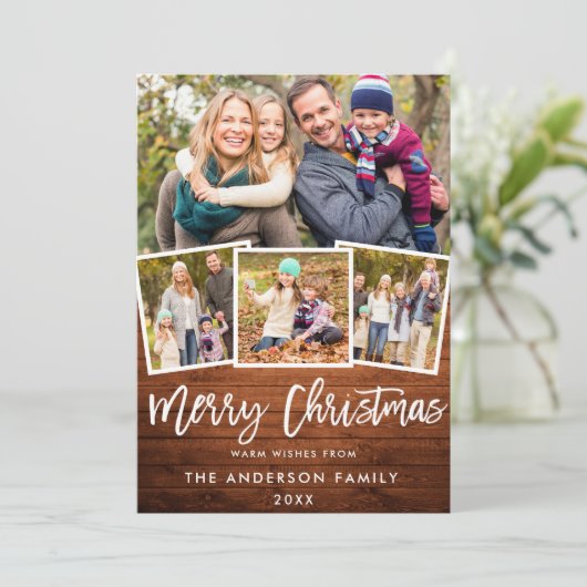 ウッドブラシ素朴スクリプト4フォトクリスマス シーズンカード (スタンド正面)