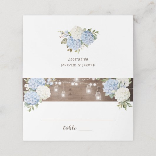 ウッドブルー素朴アジサイのストリングライツライツメイソンジャー プレイスカード (外部開封)