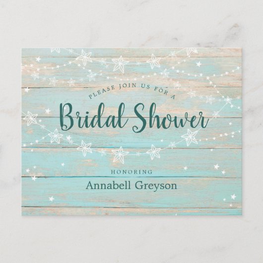 ウッドブルー素朴ストリングスターズブライダルシャワー インビテーションポストカード (正面)