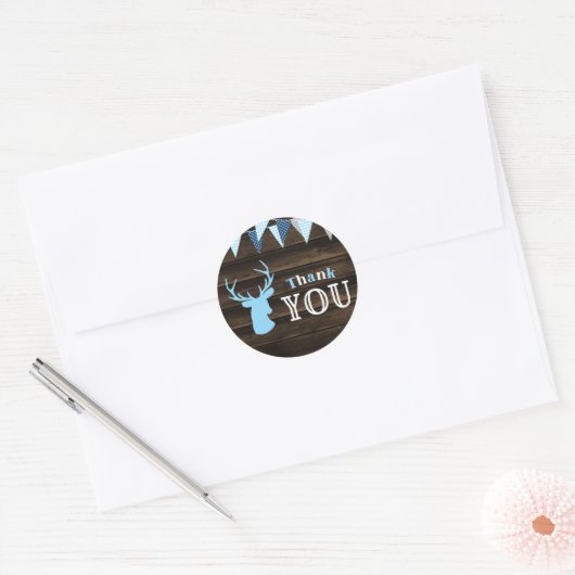ウッドブルー素朴ディアボーイ赤ちゃんシャワーありがとう ラウンドシール (封筒)