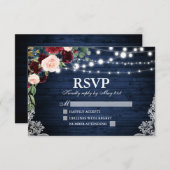 ウッドブルー素朴ブルゴーニュフローラ結婚ズ 出欠カード (正面/裏面)