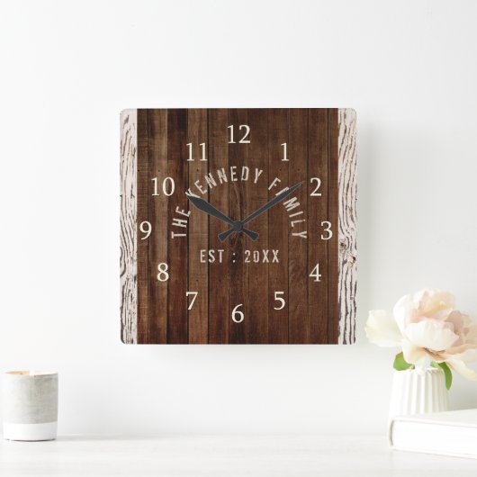 ウッドプランクファミリーネームファームハウス スクエア壁時計 (ホーム)