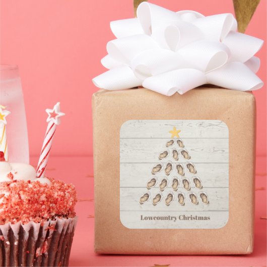 ウッドプランク上の低地オイスタークリスマスツリー スクエアシール (パーティー)