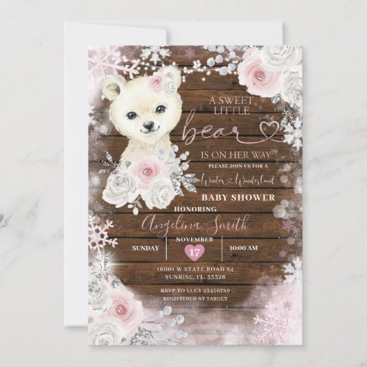 ウッドベアーパステルピンクスノーフレークベビーシャワー 招待状 (正面)