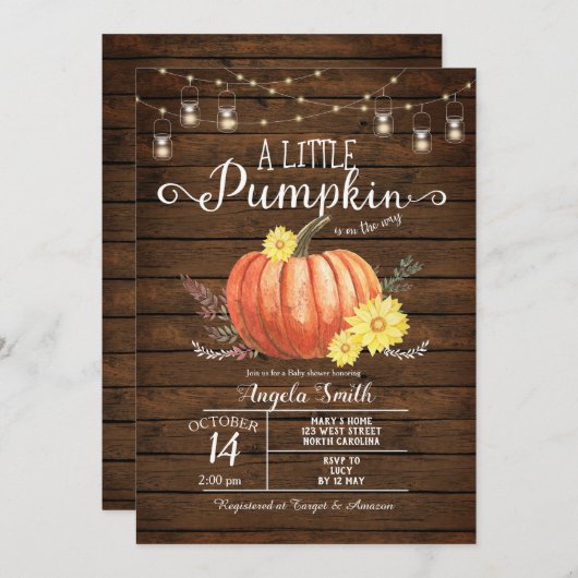 ウッドベビー素朴シャワーリトルカボチャ招待状 招待状 (正面/裏面)