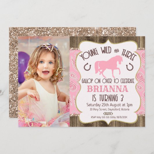 ウッドペイズリーグリッターホース3rd誕生日招待状 招待状 (正面/裏面)
