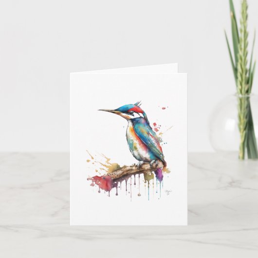 ウッドペッカーバードポートレートの水彩画&ペン シーズンカード (正面)