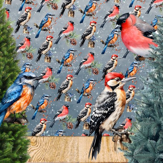 ウッドペッカーブルフィンチブルーバードファースト冬の雪 ラッピングペーパーシート