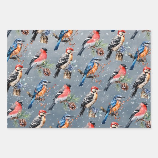 ウッドペッカーブルフィンチブルーバードファースト冬の雪 ラッピングペーパーシート (正面)