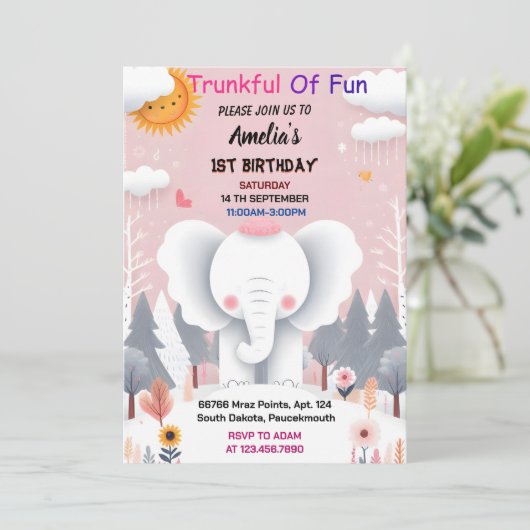 ウッドホワイトエレファント誕生日第1誕生日 招待状 (スタンド正面)