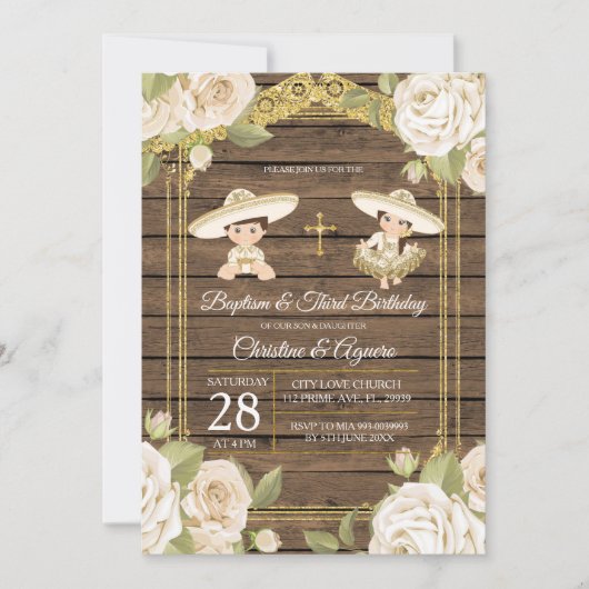 ウッドホワイトローズツインバプテスマ&第三誕生日 招待状 (正面)