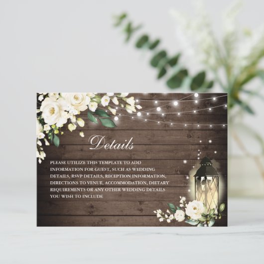 ウッドホワイトローズフローラ結婚ランタン詳細 エンクロージャーカード (スタンド正面)
