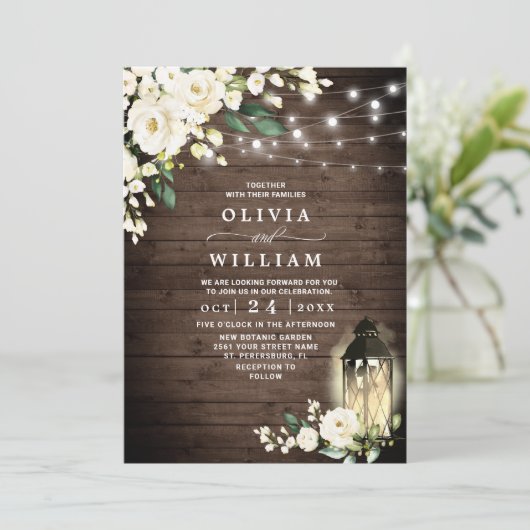 ウッドホワイトローゼランタン素朴ウォーターカラー結婚ズ 招待状 (スタンド正面)