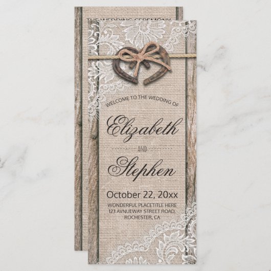 ウッドホース素朴シューズバーラップレース結婚式 プログラム (正面/裏面)