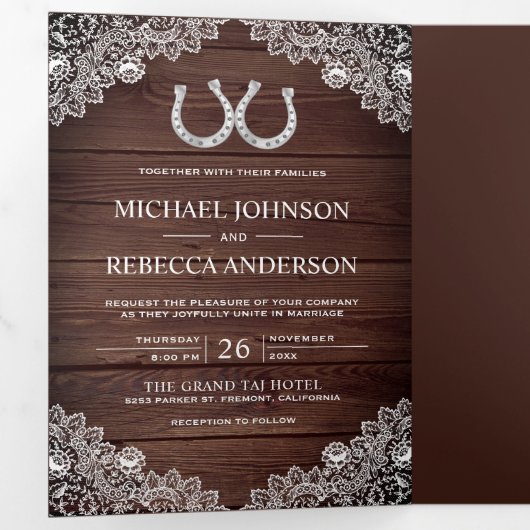 ウッドホース素朴シューズ結婚レースの写真 三つ折り招待状 (内部最初)