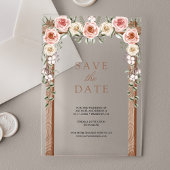 ウッドボホーフローラルキャノピーの結婚式Save the Date アクリル招待状