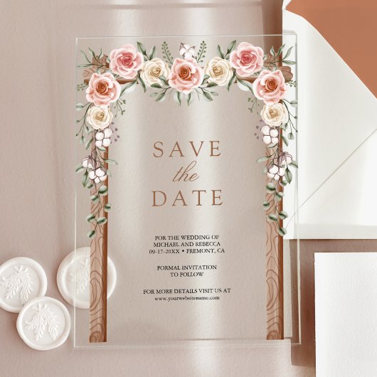ウッドボホーフローラルキャノピーの結婚式Save the Date アクリル招待状