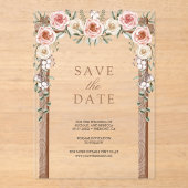 ウッドボホーフローラルキャノピーの結婚式Save the Date アクリル招待状 (正面)