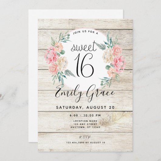 ウッドボ素朴ホフローラスウィート16誕生日招待状 招待状 (正面/裏面)