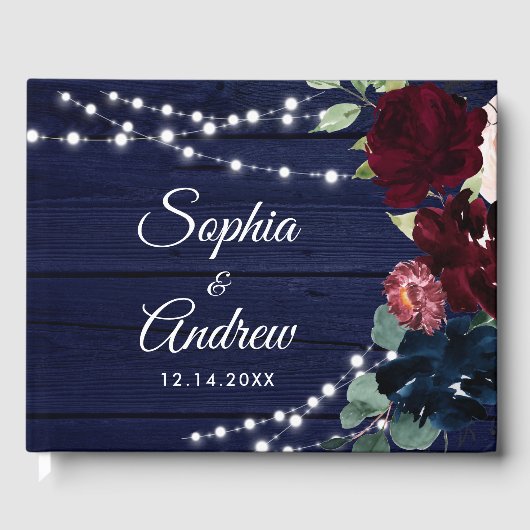 ウッドマ素朴ルサラ&ネイビーブルーフラワー結婚ズ ゲストブック (正面)