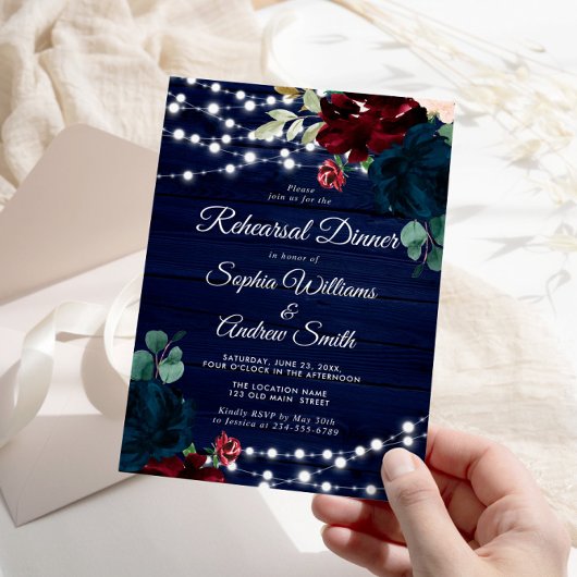 ウッドマ素朴ルサラ&ネイビーブルーリハーサルディナー 招待状