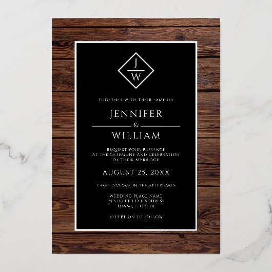 ウッドミニマ素朴リストフォーマルイニシャルボホ 箔招待状 (正面)