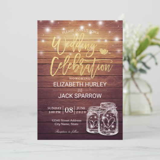 ウッドメイソン素朴ジャイルストリングライトウェディングシャワー 招待状 (スタンド正面)