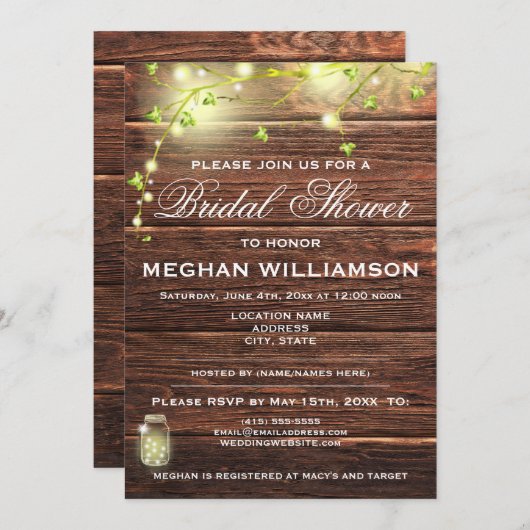 ウッドメイソン素朴ライツブライダルシャワー招待 招待状 (正面/裏面)