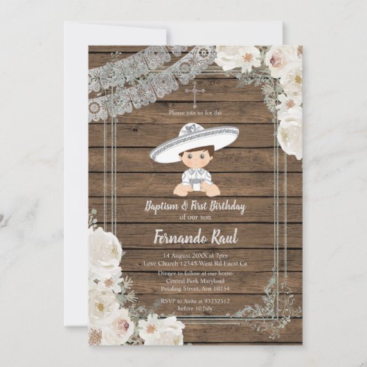 ウッドメキシカンシルバーフィエスタボーイバプテスマ誕生日 招待状 (正面)