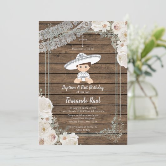ウッドメキシカンシルバーフィエスタボーイバプテスマ誕生日 招待状 (スタンド正面)