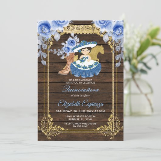 ウッドメキシコキンセアニェラブルーバラ花 招待状 (スタンド正面)