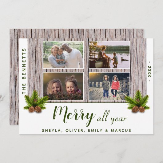 ウッドメリー素朴クリスマスファミリー4フォトコラージュ シーズンカード (正面/裏面)