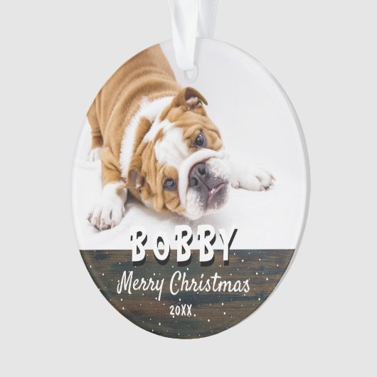 ウッドメリー素朴クリスマス犬の子犬ペットの写真 オーナメント (正面)