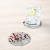 ウッドモダンバレンタインデー素朴ラブ赤いハート ラウンドペーパーコースター (インサイチュ)