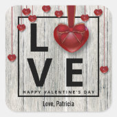 ウッドモダンバレンタインデーLOVE赤いハート素朴 スクエアシール (正面)
