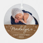 ウッドモダンフェイクベビー初めてのクリスマス写真 メタルオーナメント (正面)