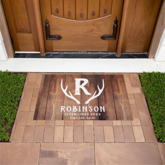 ウッドモノグラム素朴ファミリー名ディアアントラーレイク ドアマット (室外)
