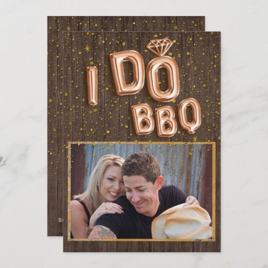 ウッドユニークゴールドフォイルバルーン文字I do BBQ Photo 招待状 (正面/裏面)