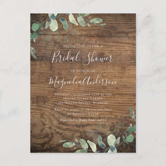 ウッドユーカリプトゥスブライダルシャワー招待 ポストカード (正面)