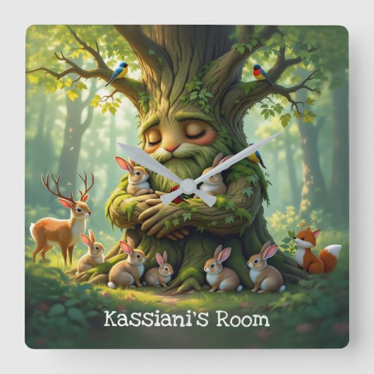 ウッドラお洒落ンドの生き物と神父の木 スクエア壁時計 (正面)