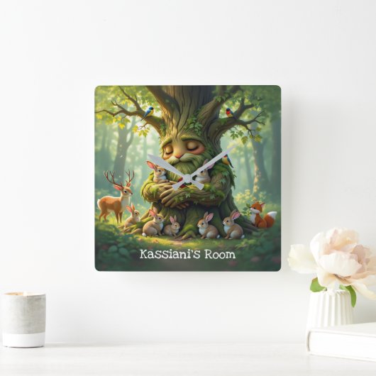 ウッドラお洒落ンドの生き物と神父の木 スクエア壁時計 (ホーム)