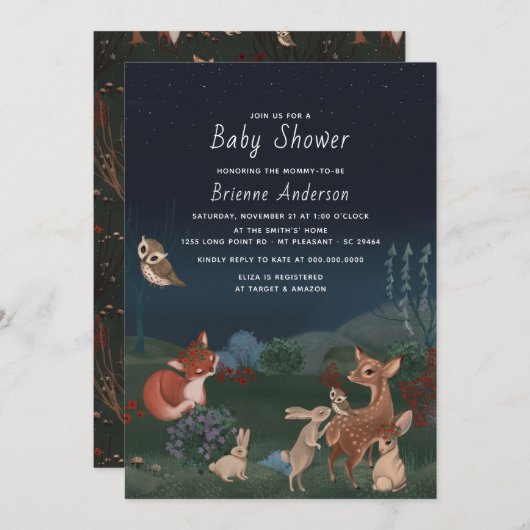 ウッドラお洒落ンドアニマル素朴ズの赤ちゃんシャワー 招待状 (正面/裏面)