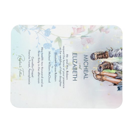 ウッドラお洒落ンドワイルドフラワー結婚の発表 マグネット (横)