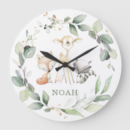 ウッドラお洒落ンド動物緑の少年の部屋 ラージ壁時計