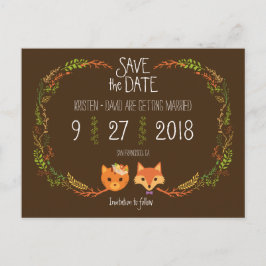 ウッドラお洒落ンド猫とキツネの結婚式の日付を保存 案内ポストカード