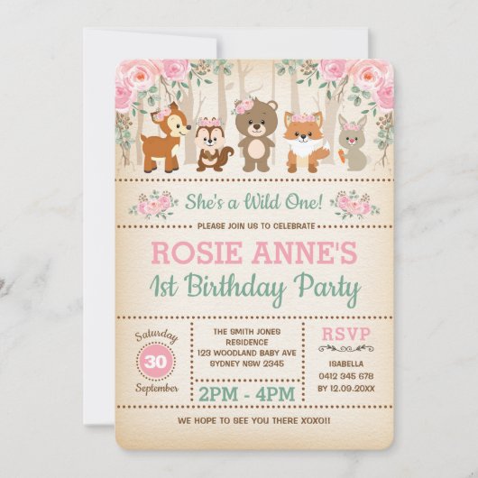 ウッドラかわいらしンドピンクローズワイルドワン1歳の誕生日 招待状 (正面)