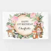 ウッドラかわいらしンド森林動物ガールハッピーバースデー 横断幕 (横)