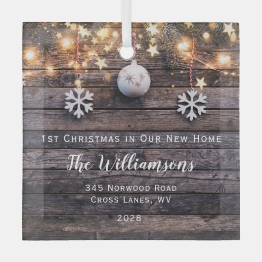 ウッドライツ素朴スターズ引っ越し祝いパーティー新しいアドレス ガラスオーナメント (正面)